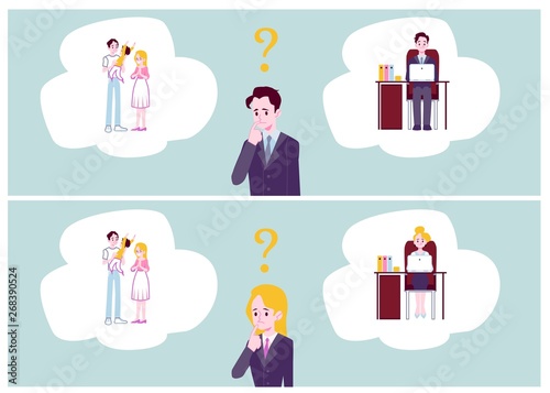 Choice between family responsibilities and career flat vector illustrations set.