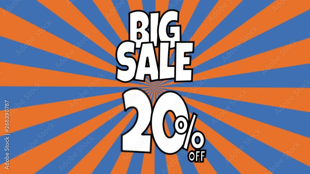 Big sale animation. 20 percent sale text placed on sunburst stripes rotating background with orange and blue color. Retro cartoon style with moving text. Usable as advertisement in business. Big sale animation. 20 percent sale text placed on sunburst stripes rotating background with orange and blue color. Retro cartoon style with moving text. Usable as advertisement in business.