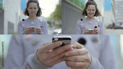 Collage of medium and close up shots of excited middle-aged Caucasian woman texting on phone, turning head to camera, smiling. Communication, lifestyle concept
