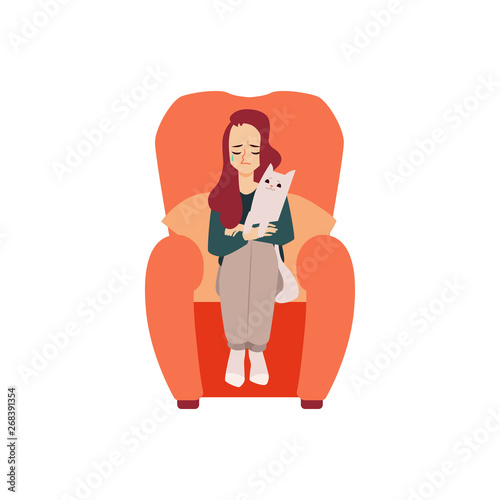 Lonely unhappy woman with cat suffers from depression or relationship breakdown.