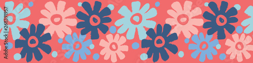 Pop art flowers seamless border with a coral, blue and navy color palette. Fun and flirty summer repeat banner, great for fabric edging, ribbon wallpaper borders and decorative tape. Girly, vector.
