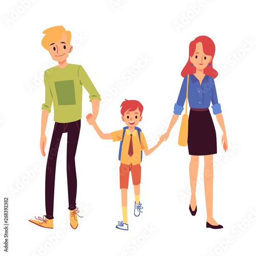 Mom and dad or parents lead his son to school flat vector illustration isolated.