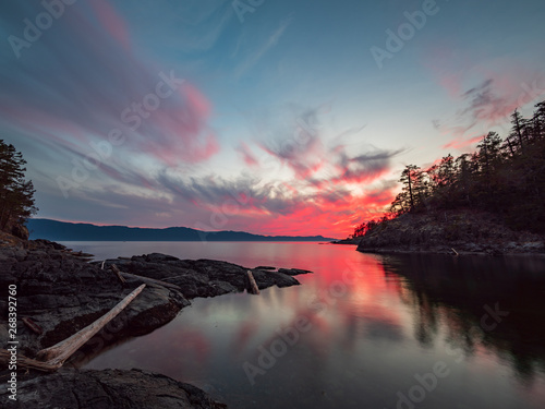 Amazing sunset along the coast of the sunshine coast in British Columbia, Canada