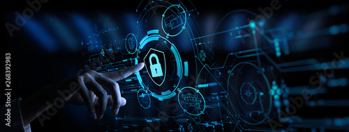 Obraz na płótnie Data protection Cyber Security Privacy Business with Woman hand pointing with UI.Internet Technology Concept. w salonie