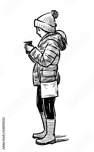 Sketch of a littl girl drinking a hot tea on a stroll