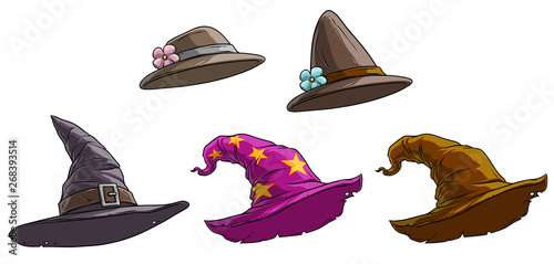 Cartoon different caps and hats. Old and retro. Womens and magicians. Isolated on white background. Vector icon set.