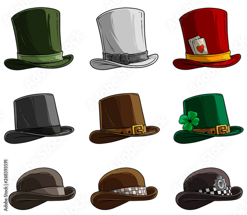 Cartoon different caps and hats. Old and retro. Gentlemans and Magicians. Policemens and Irish. Isolated on white background. Vector icon set.