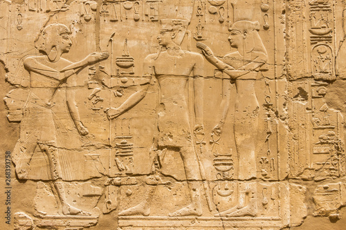 View of the wall with Egyptian hieroglyphics at the Karnak Temple in Luxor, Egypt