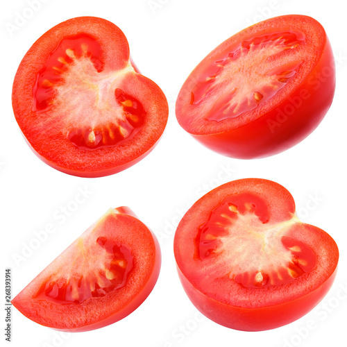 Pieces of cut fresh tomatoes isolated on white background. Collection