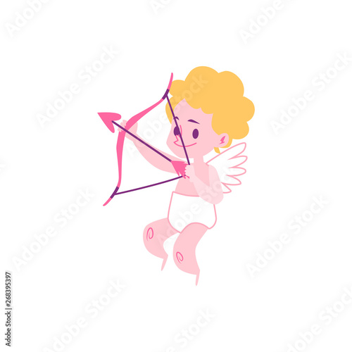 Amur baby or Cupid aiming with an arrow flat vector illustration isolated on white.