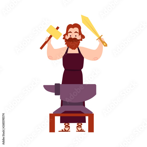 Man or Hephaestus Greek God stands at anvil with hammer and sword cartoon style
