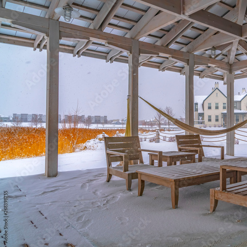 Clear Square Snowy patio of a clubhouse in Daybreak Utah