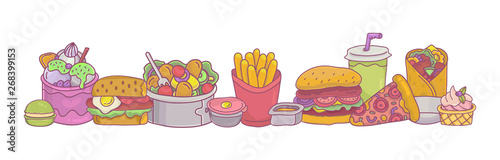 Fast food big set and border.French fries,burger,pizza,doner kebab,salad etc.