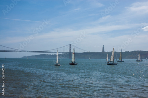Tagus river view and The 25 de Abril Bridge on the background  Lisbon  Portugal