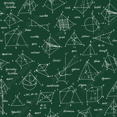 Geometry sketch. Seamless texture. School blackboard with the sketches and geometrical elements.