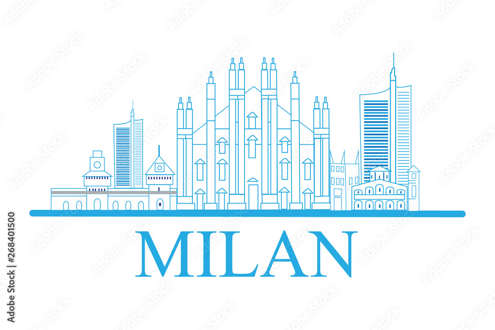 Outline Welcome to Milan, Italy. Vector Illustration. Business Travel and Tourism Concept with Modern Architecture. Milan, Cityscape with Landmarks.