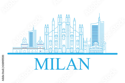 Outline Welcome to Milan, Italy. Vector Illustration. Business Travel and Tourism Concept with Modern Architecture. Milan, Cityscape with Landmarks.