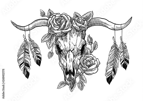 Skull of a bull with roses and feathers in a graphic technique