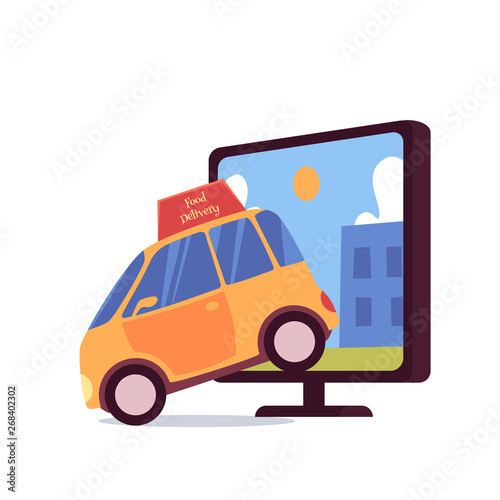 Car with food delivery sign coming out of computer monitor screen cartoon style