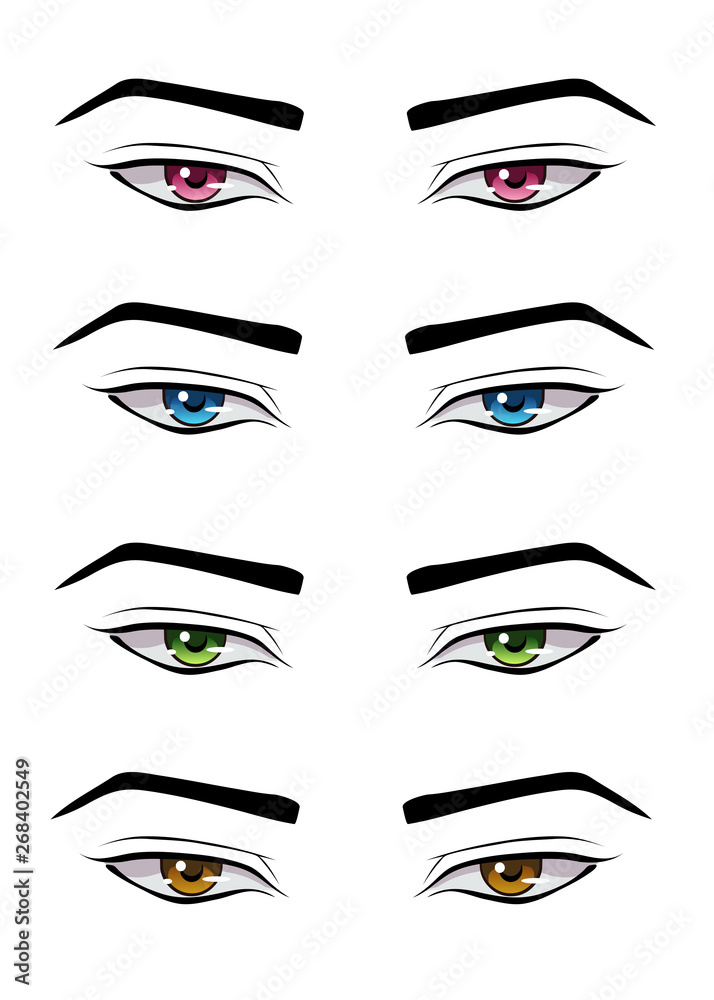 Set of male anime style eyes of different colors, isolated on white. Set of male anime style eyes of different colors, isolated on white.