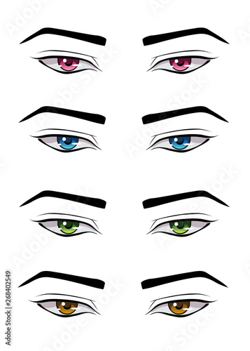 Set of male anime style eyes of different colors, isolated on white.