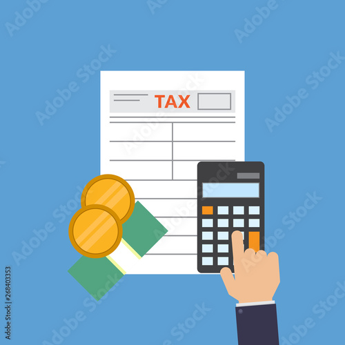 Tax form, money, calculator, calculate tax, flat design vector illustration