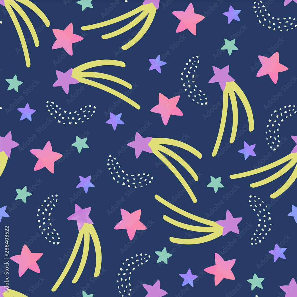 Seamless abstract pattern with colorful pink,violet and green stars on dark background.