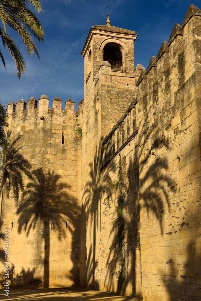 Tower of Homage with palm tree shadows outside Alcazar of Christian Monarchs Cordoba Spain