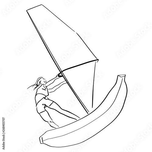 Young woman windsurfer on windsurf banana. Healthy food and active lifestyle symbol. Windsurfing illustration. Fun drawing. Abstract isolated contour. Hand drawn outlines. Black vector silhouette.