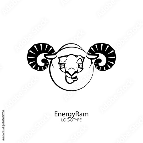 Head of a funny tough ram on a white background. Sticker, pattern, background, wall decoration. Vector illustration. Cartoon character farm animal. The energy of the ram.