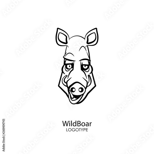 The head of a funny cool boar on a white background. Sticker, pattern, background, wall decoration. Vector illustration. Cartoon character forest dweller and steppe.