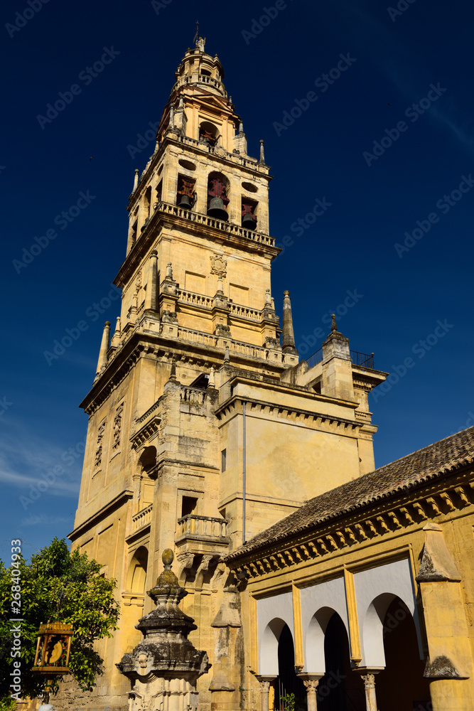 Bell tower of the Cordoba Cathedral of Our Lady of the Assumption from the Court of Oranges