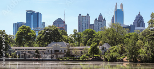 Panoramic view of Atlanta cityscape from beautiful Piedmont park and foreground lake photo