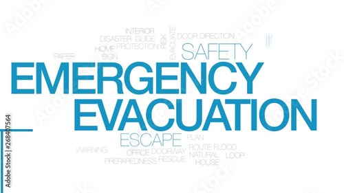 Emergency evacuation animated word cloud. Kinetic typography.