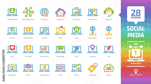 Social media network color icon set part 1 with global internet website, digital business and marketing technology, message, share, like & favorite, thumbs up, location, pin glyph pictogram.