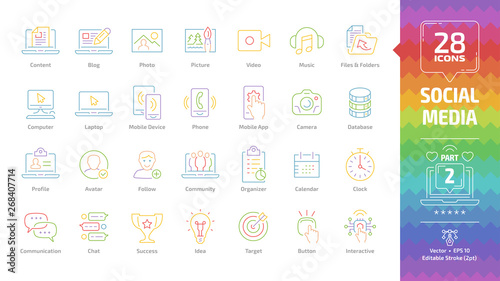 Social media network color outline icon set part 2 with global internet digital technology, computer, laptop and mobile device, web content, profile, calendar, button editable stroke line pictogram.