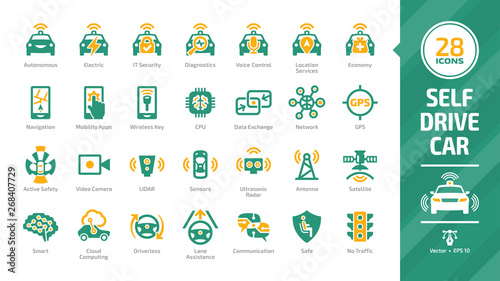 Self drive car icon set with driverless autonomous sensor smart vehicle and cloud computing automated connected transport and navigation system color glyph mobility sign.
