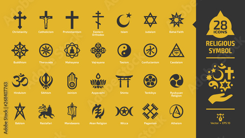 Religious symbol icon set on a yellow background with christian cross, islam crescent and star, judaism star of david, buddhism wheel of dharma, rastafari lion religion glyph sign.