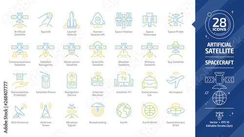 Satellite color outline icon set with communications, navigation, observation, scientific, weather, military, spy and nano artificial spacecrafts editable stroke line sign.