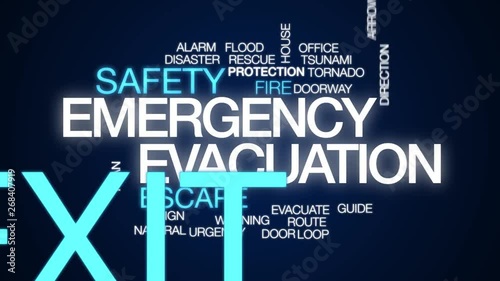 Emergency evacuation animated word cloud. Kinetic typography.