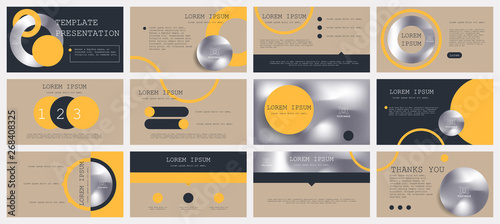 This template is the best as a business presentation, used in marketing and advertising, flyer and banner, the annual report. Grey, yellow and black elements on a brown background