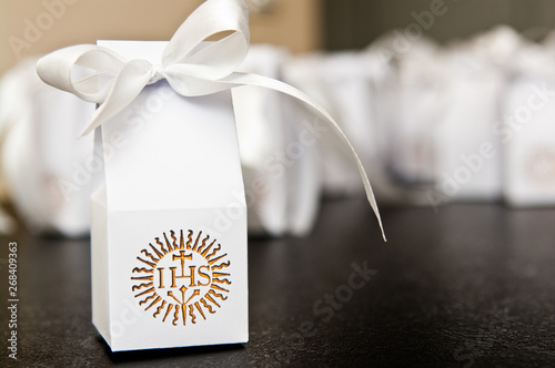 First holy communion boxes with thank you notes for guests.