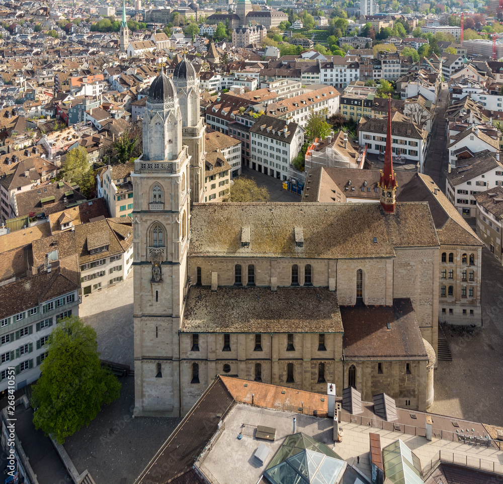 Fototapeta premium Aerial view of the Grossmunster cathedral in Zurich