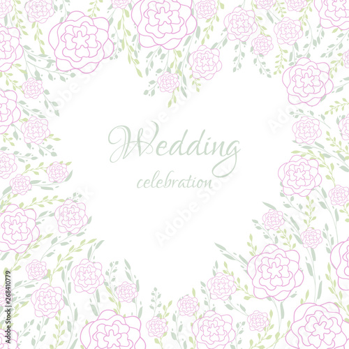 Wedding invitation, greeting card with drawn doodle roses. Heart-shaped template with tender line pattern. Pastel colours pink and green.
