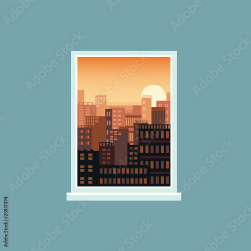 Sunset window view to city landscape