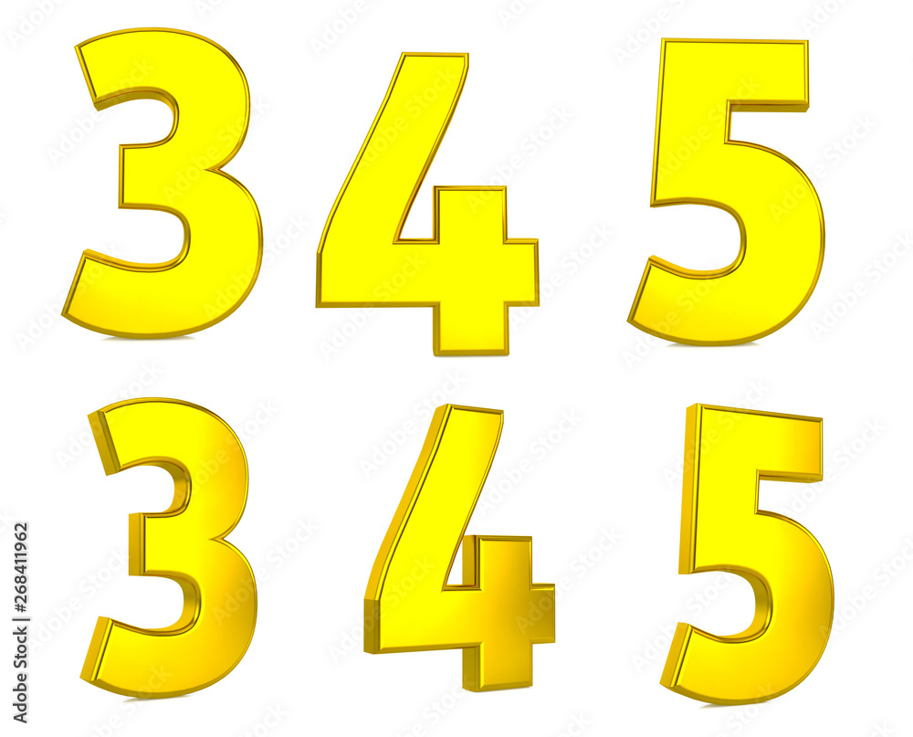 Gold numbers 3, 4, 5, isolated on white background. Alphabet golden 3d Render (front and perspective) Path save. Gold numbers 3, 4, 5, isolated on white background. Alphabet golden 3d Render (front and perspective) Path save.