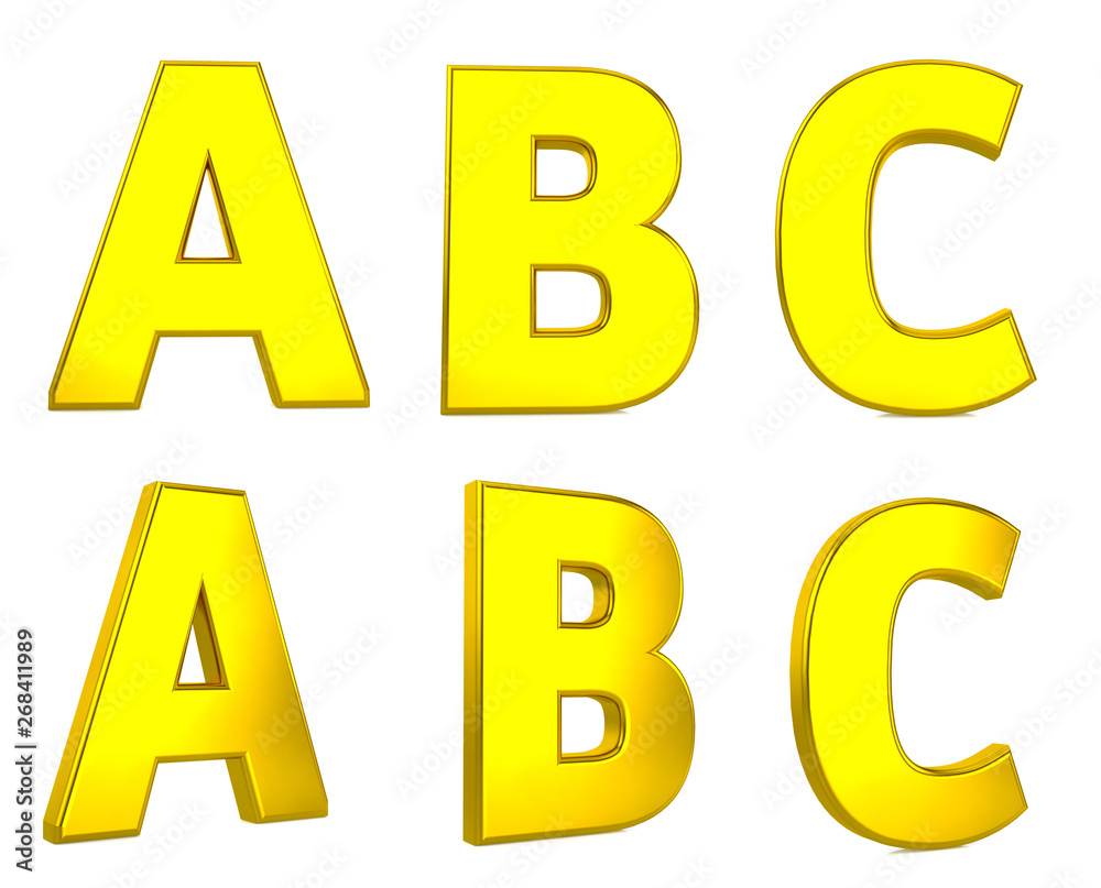Gold letters A, B, C, isolated on white background. Alphabet golden 3d Render (front and perspective) Path save. Gold letters A, B, C, isolated on white background. Alphabet golden 3d Render (front and perspective) Path save.