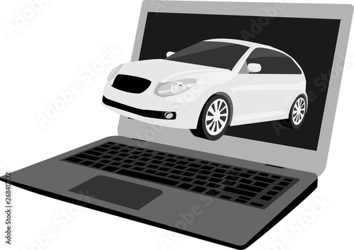 selling and buying car on the internet. A car and laptop vector illustration with white background 