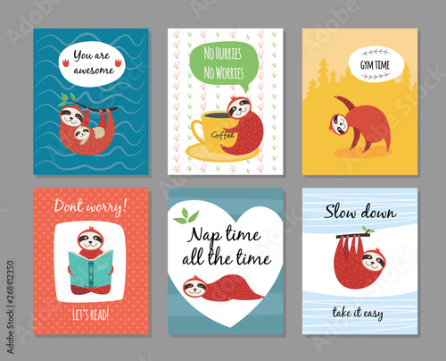 Cute sloth baby prints with quote in scandinavian style vector illustrations set.