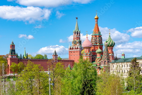 Cathedral of Vasily the Blessed (Saint Basil's Cathedral) and Spasskaya Tower on Red Square, Moscow, Russia